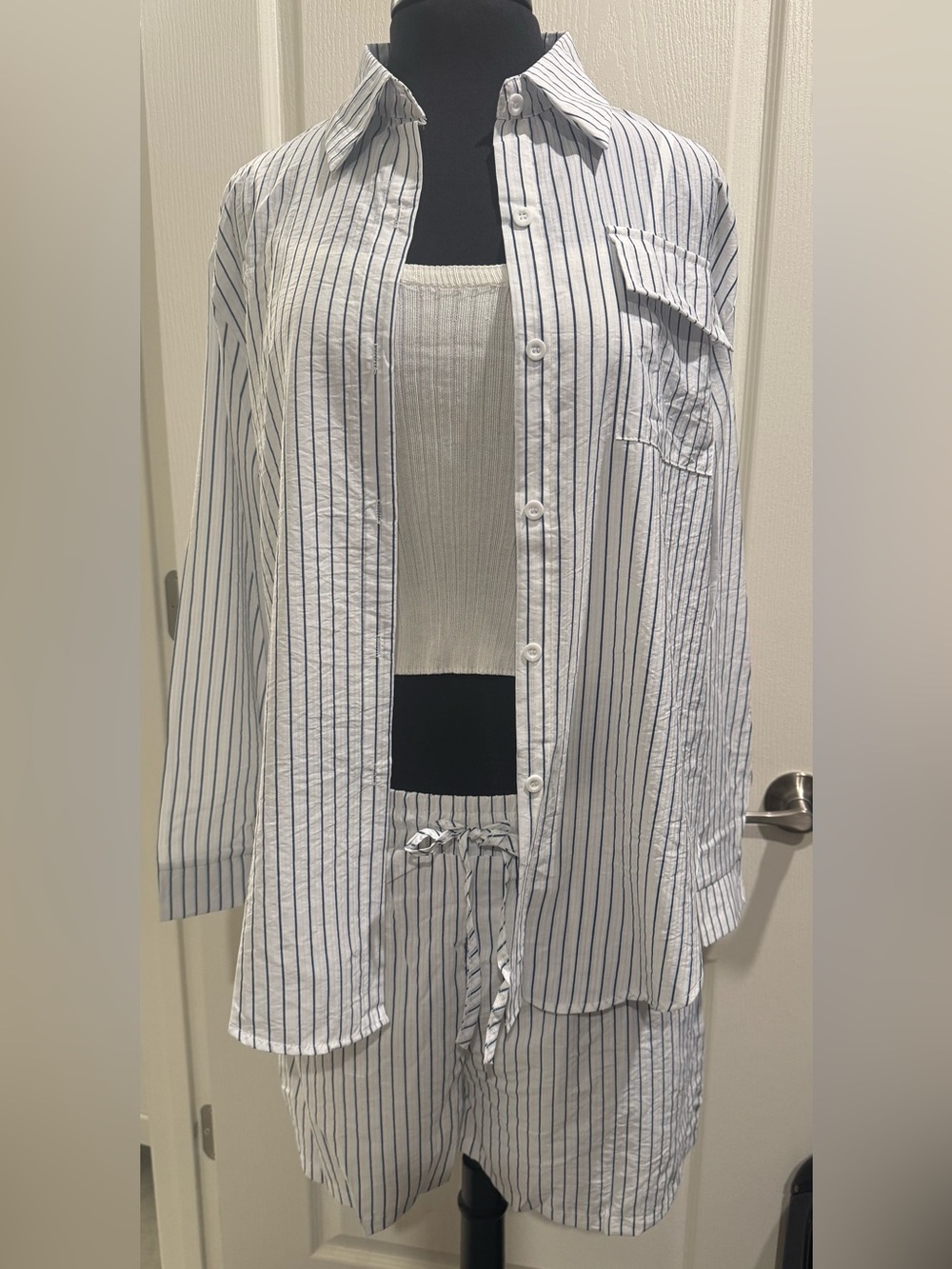 3 pc Blue White Stipes Long sleeve, stretchable crop tank top & shorts
